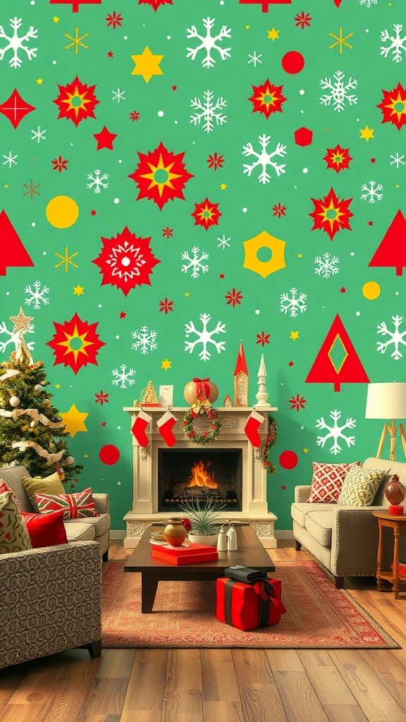 70s Inspired Christmas Wallpaper Design 70s inspired Christmas wallpaper with geometric patterns and festive elements in a cozy living room.